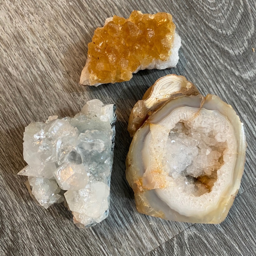 3 crystals Citrine agate and blue aqua clusters